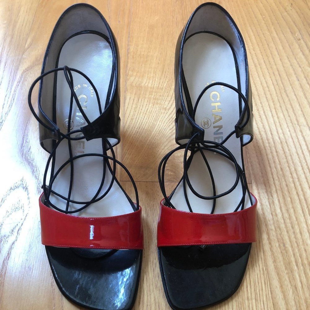 Chanel Patent Leather Lace-up Sandals